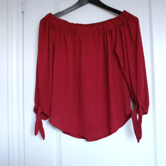 COPY - Express raspberry truffle red off shoulder chiffon blouse with sleeves d… - Picture 1 of 7